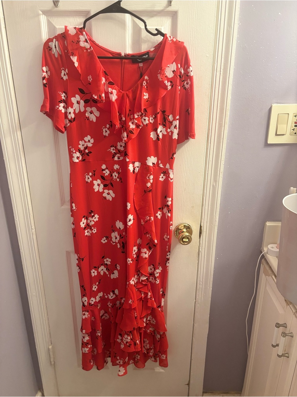 Karl Lagerfeld Red Floral Ruffle Maxi Dress with White Blooms